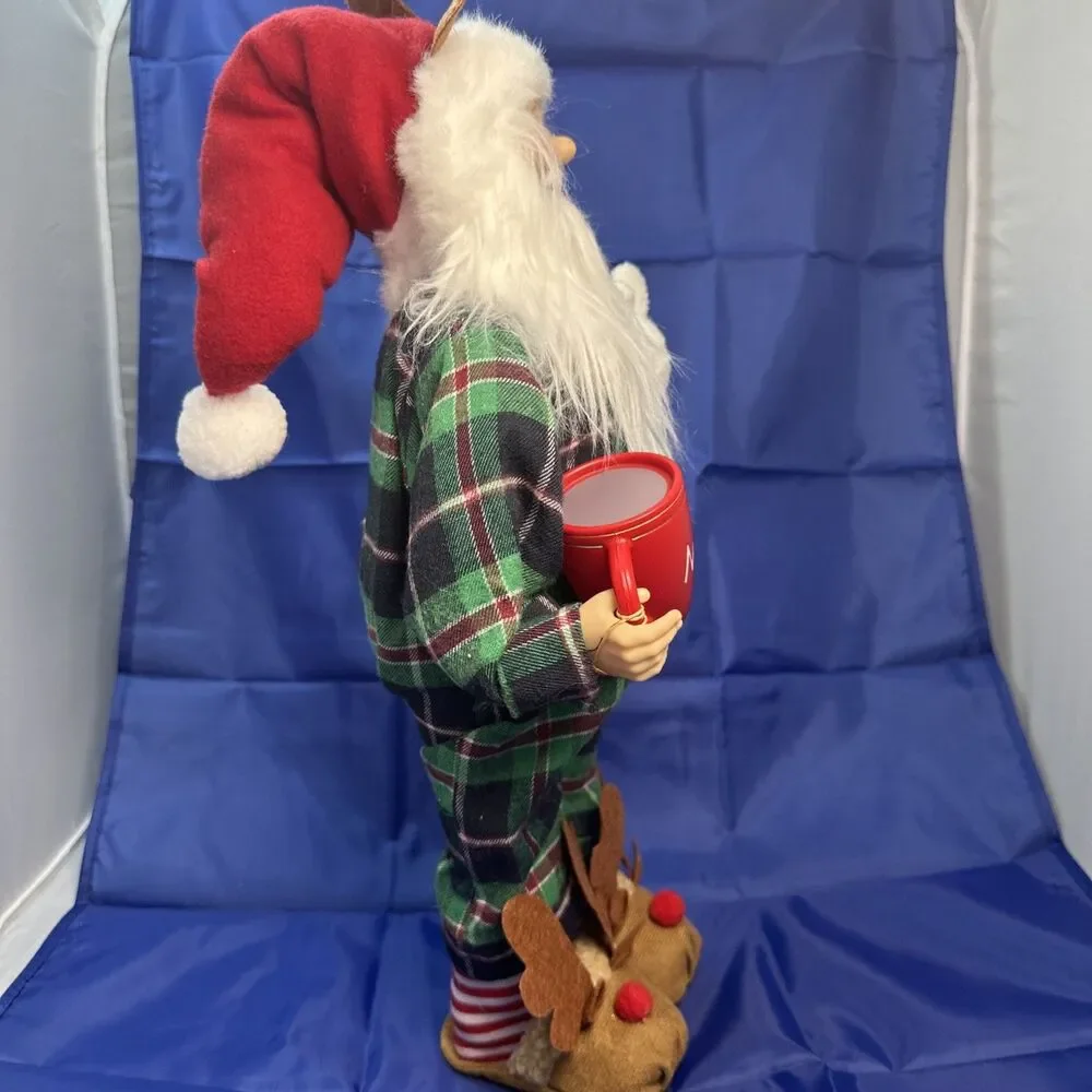 Holiday Time 18” Santa Doll Wearing Plaid Pajamas Holding Cup Hot Chocolate